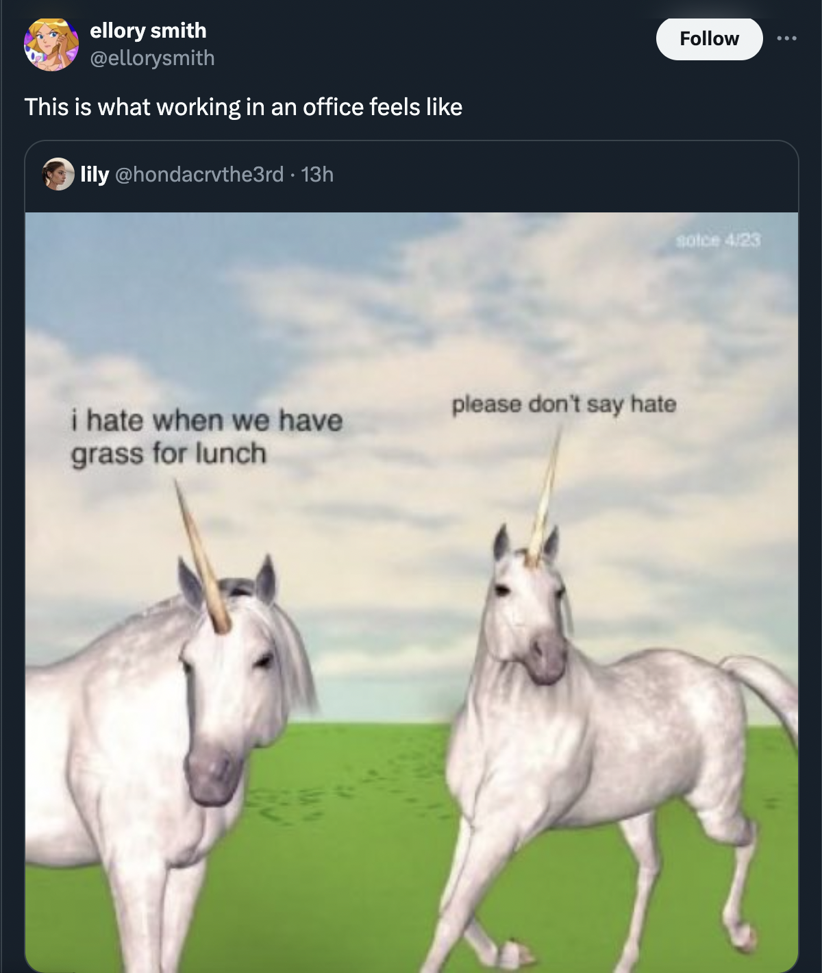 unicorn please don t say hate - ellory smith This is what working in an office feels lily please don't say hate i hate when we have grass for lunch solce 425